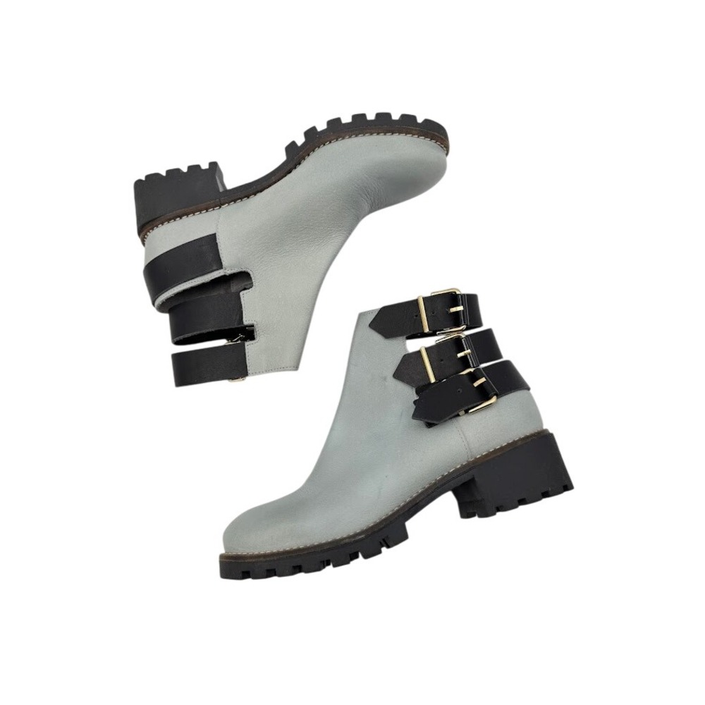 Miista Cecelia Back Strap Ankle Boot Light‎ Blue Leather Chunky Heel Size 37